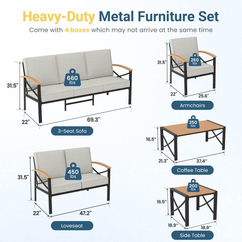 7-Person Outdoor Patio Set, Outdoor Conversation Set with Weather Resistant Cushions, Heavy-Duty Metal Frame Patio Furniture Set for Backyard, Poolside