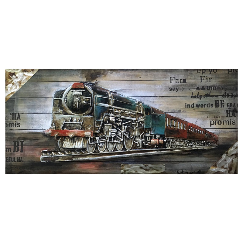 « full steam ahead i », reproduction sur bois gris/rouge/bleu