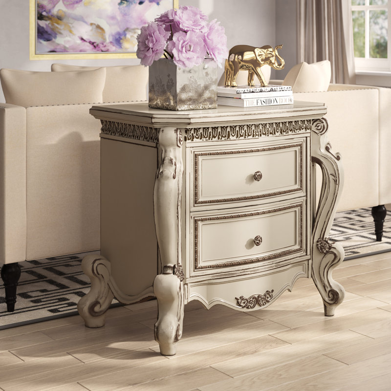 2 Drawer Transitional Style Nightstand, White/White