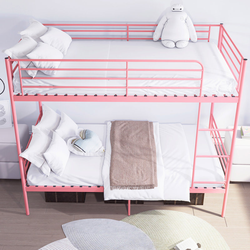 Lit superposé avec échelle et garde-corps haut, capable de se diviser, lit superposé en métal, espace de rangement, silencieux, taille simple sur simple, rose