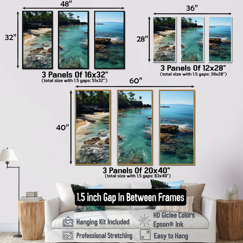 Aérien, corail, paradis, plages tropicales dévoilées II - art mural plage, Cadre flottant noir, H 32 po x l 48 po x P 1 po