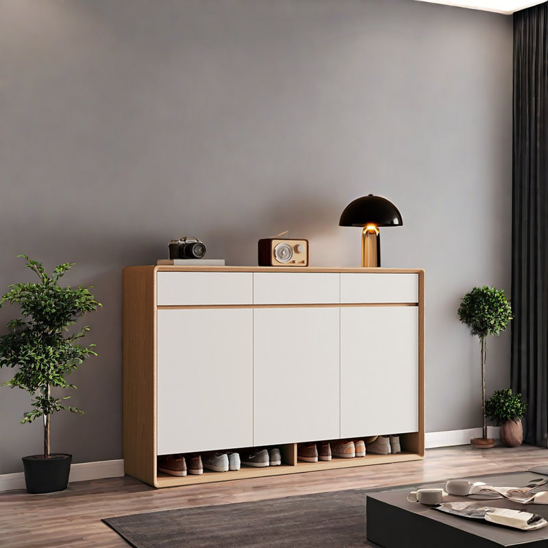 19 Pair Solid Wood Shoe Storage Cabinet, Yellow/White