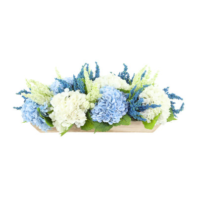 Hydrangea and Heather Centerpiece in Wood Planter