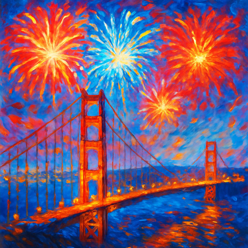 Golden Gate Fireworks - Expressionist, impression sur toile, H 12 po x l 12 po