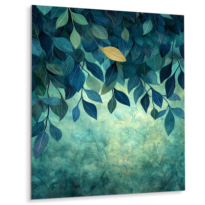 Feuilles vertes et bleues, forêt, tranquillité II - reproduction d'art traditionnelle en métal, feuilles, art mural en métal