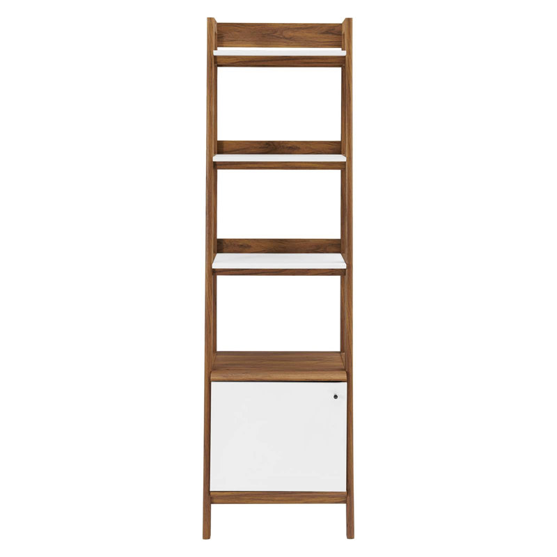 Walnut White 71" Tall Ladder Bookshelf with Concealed Storage