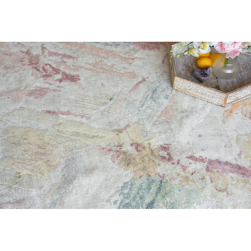 Exquisite Rugs Floor Art Hand-Knotted Bamboo Silk Silver/Blush Area Rug, Rectangle 9' x 12'