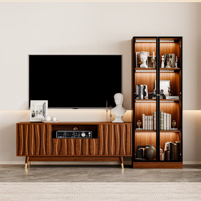 Meuble audio-vidéo de 79,5 po avec tablettes pour téléviseur de 55 po, console média moderne en bois Mid-Century avec pieds en bois massif, meuble télé à relief et bibliothèque en verre à 4 niveaux pour la chambre à coucher du salon