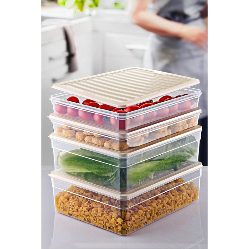 Versatile Storage Box Set (4 Pieces), Cream Color, Large: 8.9 x 11.2 x 3.5 inches (5.3 qt), Small: 8.9 x 11.2 x 2.0 inches (2.4 qt) | 100% Plastic, Dishwasher, Microwave (up to 203°F) & Freezer (down to -13°F) Safe