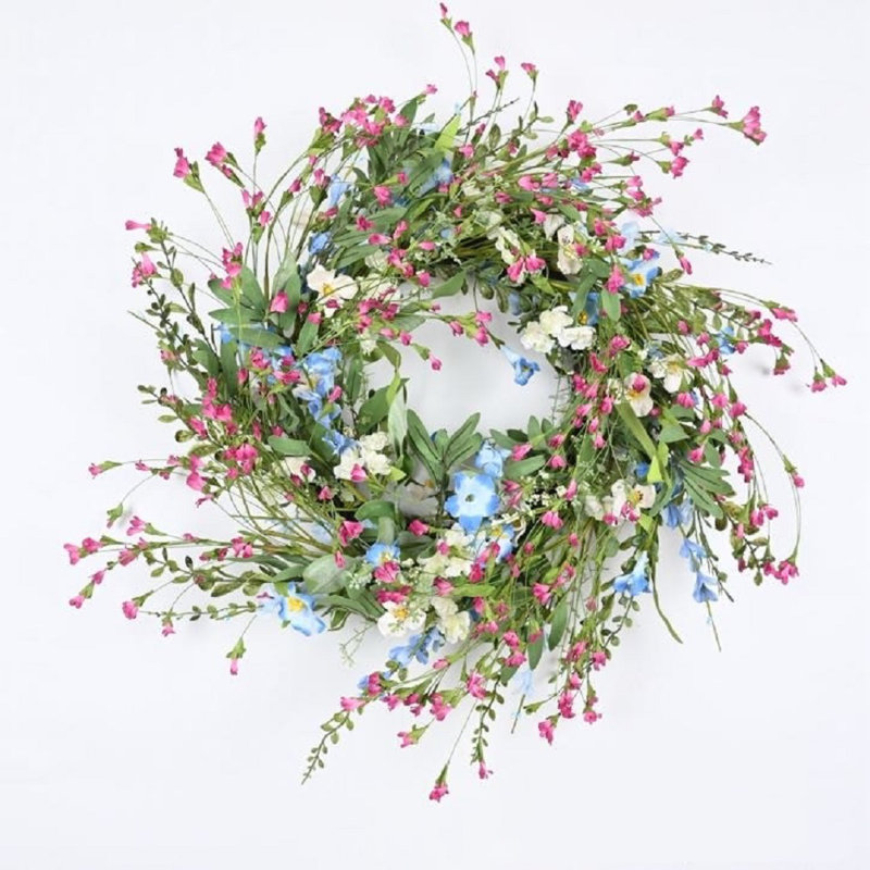 26" Artificial Spring Summer Greenery Foliage Blossoms Cluster Wildflower Floral Wreath For Front Door, Green/Pink