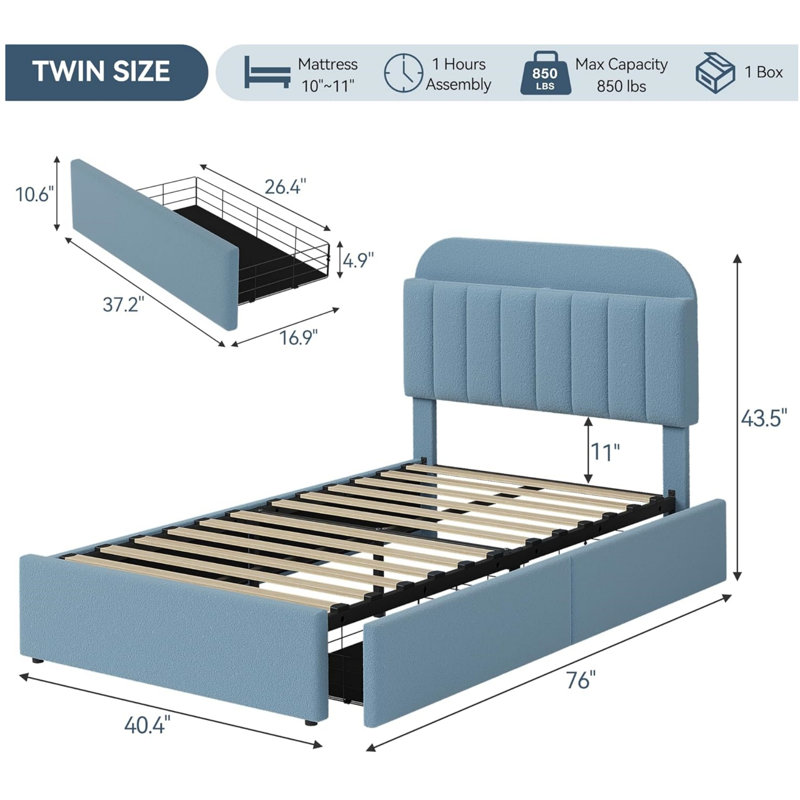 Bed Frame with 2 Flexible Drawers and Bookcase Headboard, Boucle Upholstered Platform Bed, Noise-Free, Easy Assembly, No Box Spring Needed
