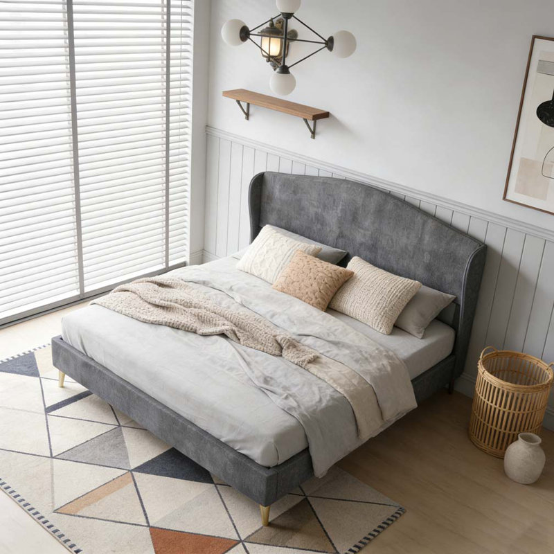 Lit tapissier en velours, Gris, Grand lit
