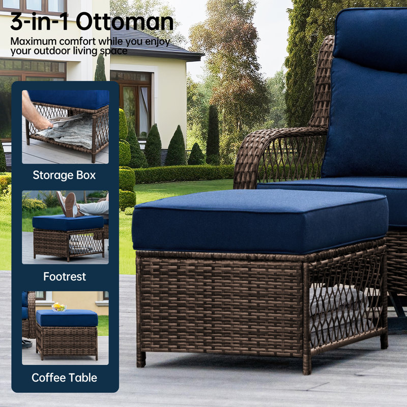 Ensemble de conversation pour 2 personnes, chaises pivotantes en osier avec coussins, repose-pieds et table d'appoint, ensemble de mobilier de jardin pour la cour arrière