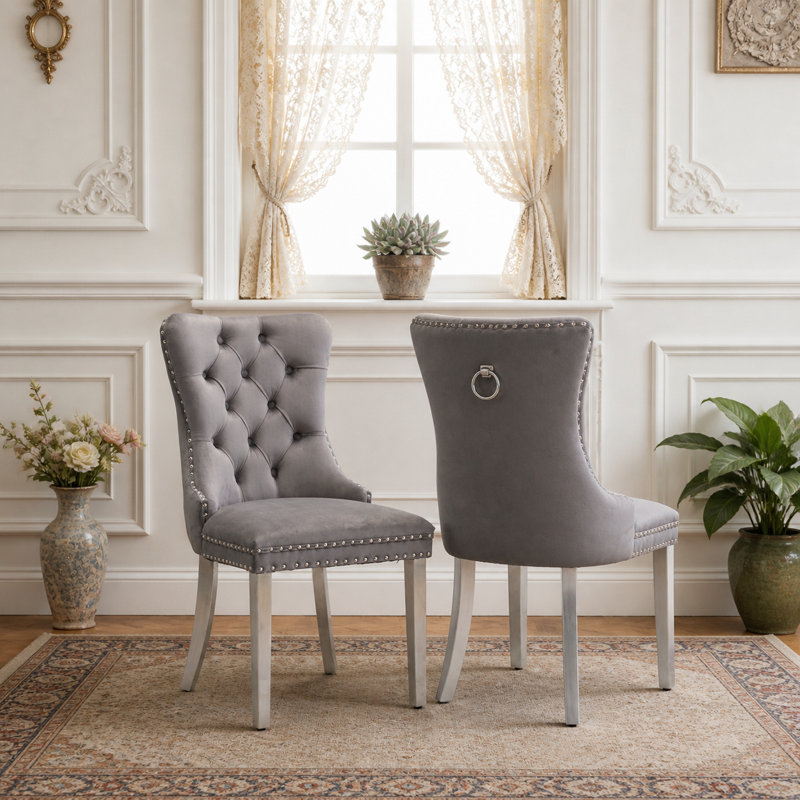 Chaise de salle à manger moderne en velours avec dossier capitonné et garniture cloutée (lot de 2)