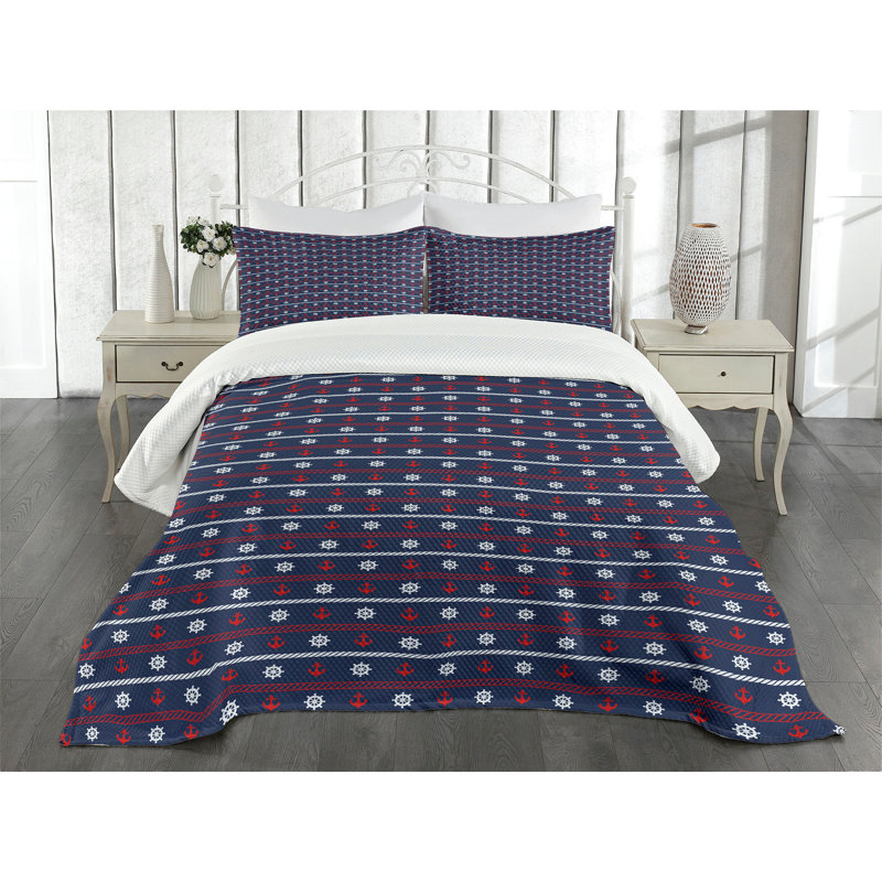 Navy Blue Quilted King Bedspread Set with Nautical Borders