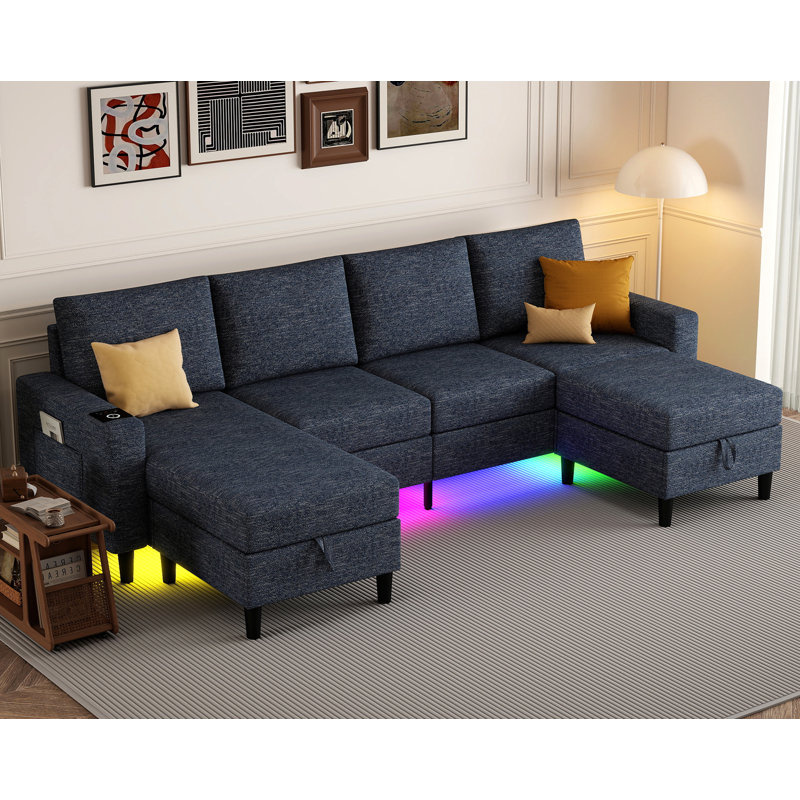 109" Sectional Couches For Living Room, 4 Seat Sectional Sofa With Rgb Light/wireless Charging/usb/type-c, Blue