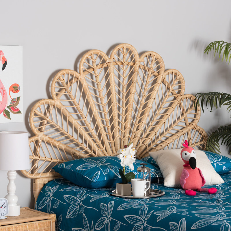 Natural Brown Rattan Queen Size Peacock Design Headboard