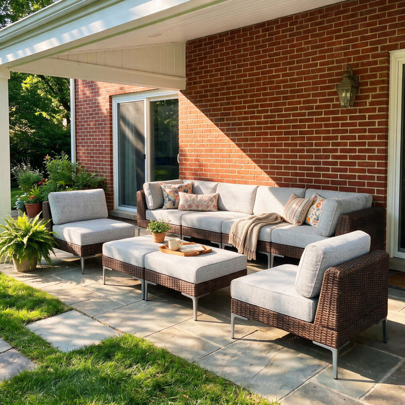  Ensemble de canapé modulaire d'extérieur en forme de L 8 pièces, ensemble de conversation de patio en rotin d'osier avec coussins de 6 pouces d'épaisseur