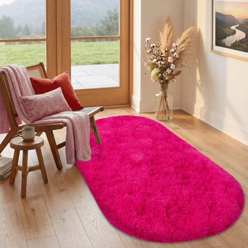 Solid Rug Soft Fluffy Rose Red Indoor Area Rug for Living Room Bedroom Nursery Kids Room, Rose Red, Oval 2'7" x 5'4"