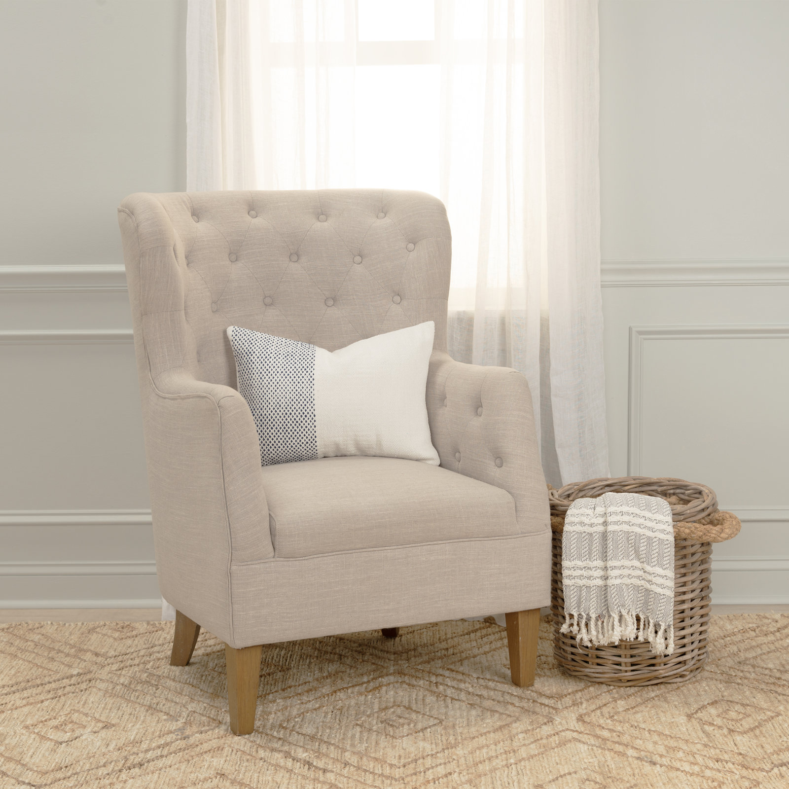 Farina Embroidered Cotton Lumbar Throw Pillow, Ivory/Blue