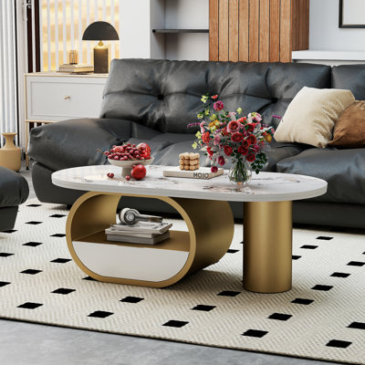 Table basse ovale en fritté de 47,24 po avec tablette et rangement pour tiroir, grande table centrale unique de luxe pour le salon et le bureau