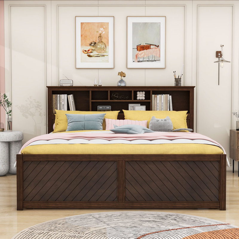 Lit plateforme en bois avec deux tiroirs et USB Endy, Bois antique