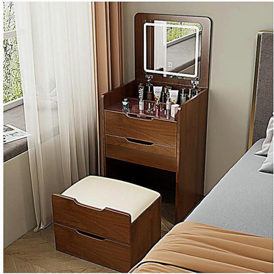 Bureau de coiffeuse 3 en 1 avec miroir à plateau rabattable, petit ensemble de coiffeuse avec bureau en verre visible, coiffeuse de maquillage compacte avec 3 tiroirs, coiffeuse