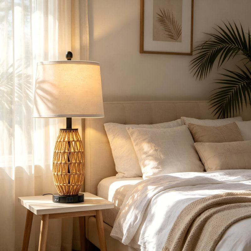 27" Rattan Table Lamps with Night Light & USB/Type-C Ports, LED Bulbs Included, Black/Brown