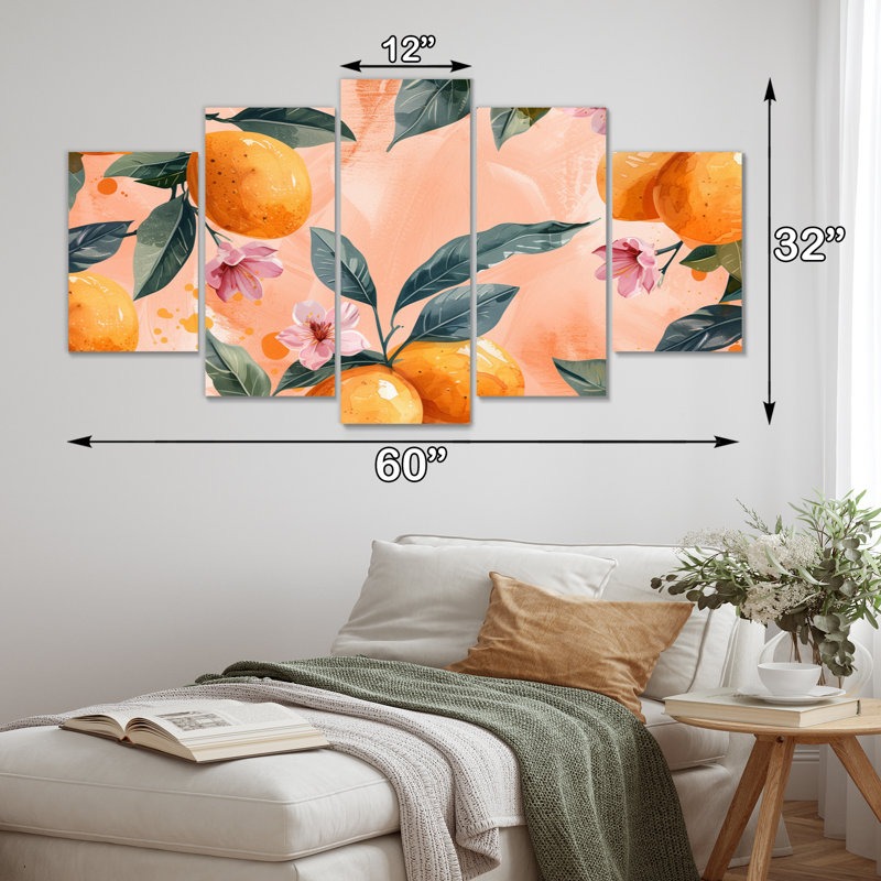 Ensemble de salon art floral jaune et rose avec oranges et arbres III