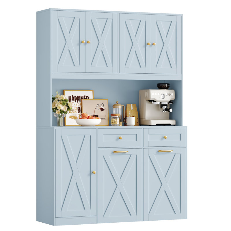 Garde-manger 70,9 po avec tablette à micro-ondes et armoire à poubelle à pousser, chien à l'épreuve des chiens, Bleu clair
