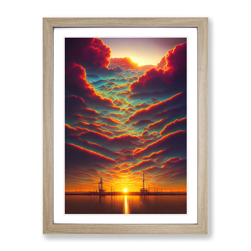 Sunset over the Ships - Wall Art, 36cm H x 27cm W x 2cm D, Oak Framed Paper, White