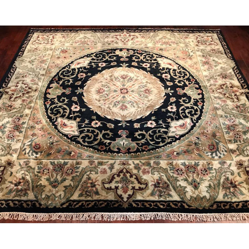 Tapis noir / ivoire en laine touffetée à la main Masuda, Carré 8 pi
