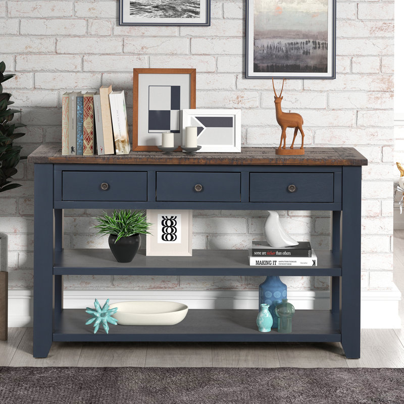 Console en bois de pin massif 48 po, table d'appoint moderne avec 3 tiroirs de rangement et 2 tablettes. Facile à assembler (bleu marine + plateau brun)