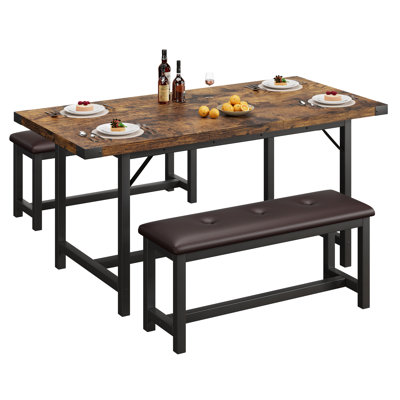 Ensemble de table de salle à manger pour 4-8, ensemble de 3 pièces extensibles 63 po avec 2 bancs rembourrés - Grande table de cuisine rectangulaire avec structure en métal pour économiser de l'espace dans les appartements