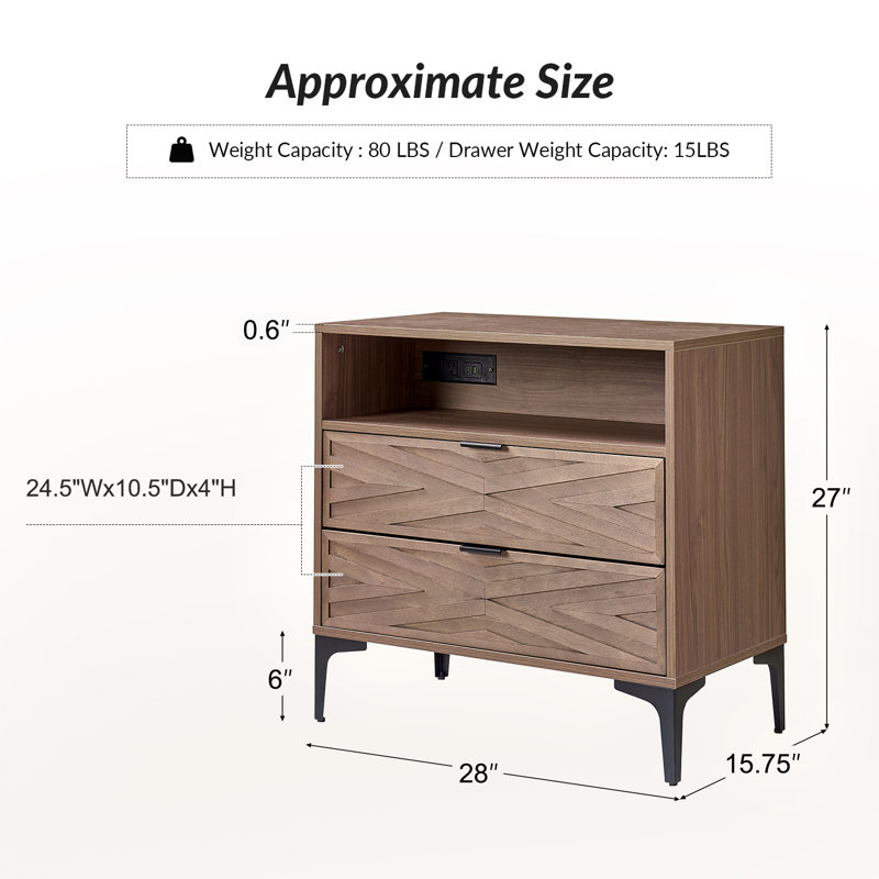 28" W 2-Drawer End Table with Charging Port, Walnut