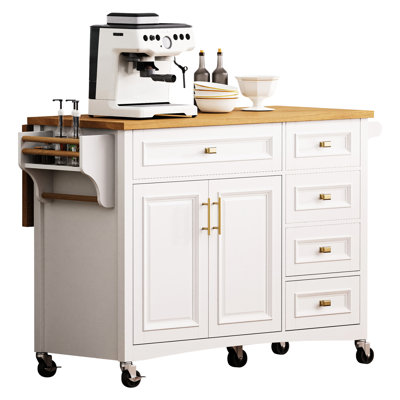 52'' Drop Leaf Kitchen Island With Mobility. White, Texture, Spice Rack, Towel 2 Doors, 5 Drawers, Adjustable Shelf For Elegant Modern Luxury Coastal Practicality And Wheels. Design,