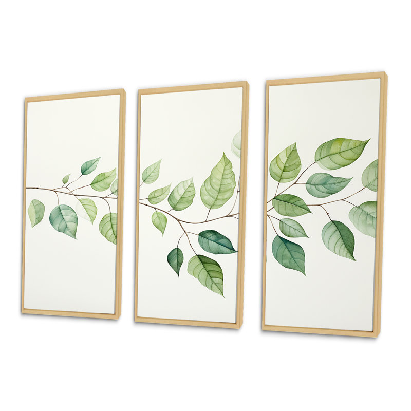 Feuilles vertes, charme minimaliste - ensemble d'art mural feuilles, H 28 po x l 36 po x P 1 po, Cadre naturel flottant