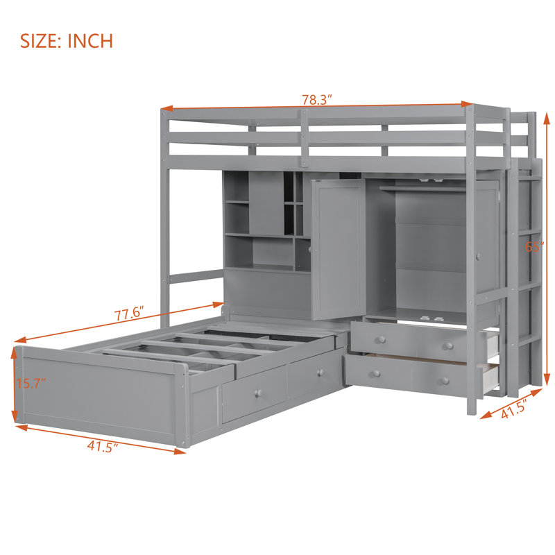 Lit superposé simple avec tiroirs, garde-robe, tablettes de rangement et lit hydraulique, gris, Gris