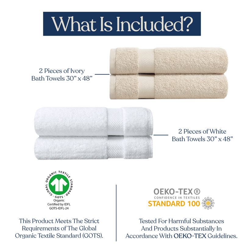 Delara 100% Cotton Bath Towel Same-Size Set Guest Room Case Pack of 4, Ivory/White