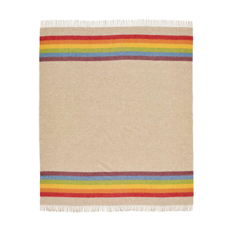 Jeté en laine Shetland, Vert / rouge / beige / jaune / orange / mauve géo