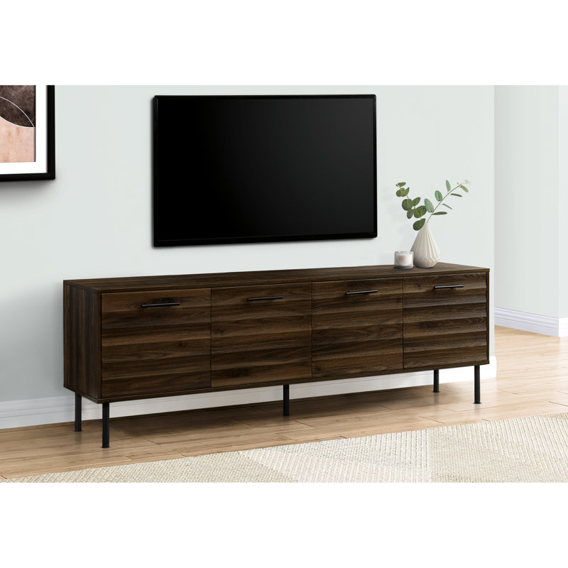 Meuble télé 72 po en brun, surface en stratifié avec pieds en métal et console de rangement pour solution de divertissement, tablettes réglables décoratives brunes