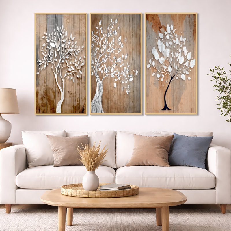 Arbre blanc de la vie sur bois - Décoration murale encadrée 3 panneaux, H 40 po x l 60 po, Cadre flottant en bois naturel