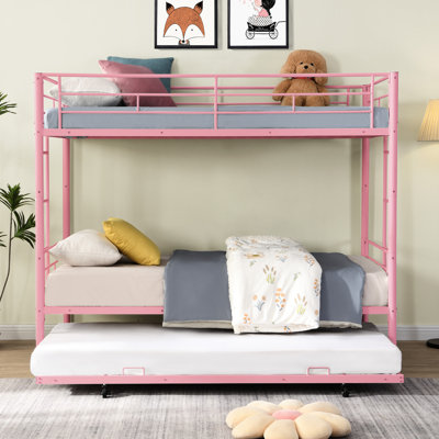 Lit superposé en métal rose avec lit gigogne - chambre à coucher moderne et élégante, solution peu encombrante, structure pour la longévité, utilisation silencieuse et stable, grande capacité de bruit, escalier sécuritaire, structure simple, facile à assembler