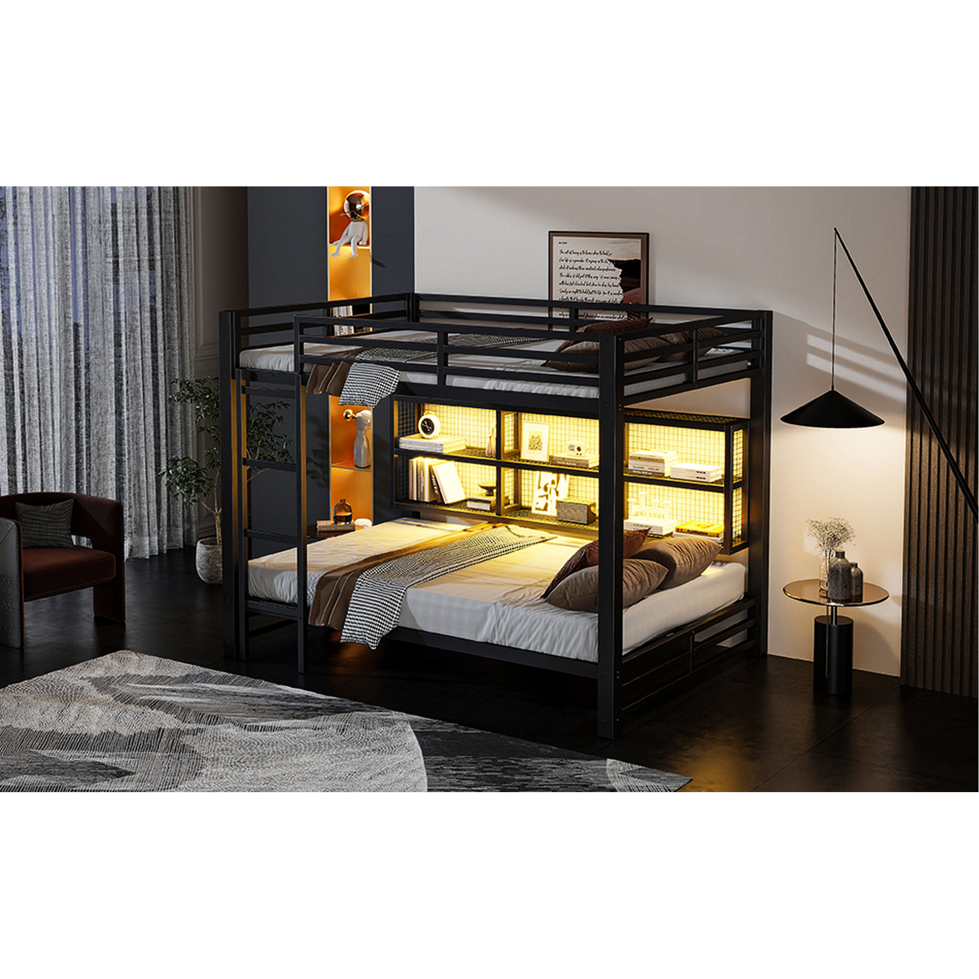 17 Stories Queen Over Metal Bunk Bed, Black Finish, 7 - Color Led ...