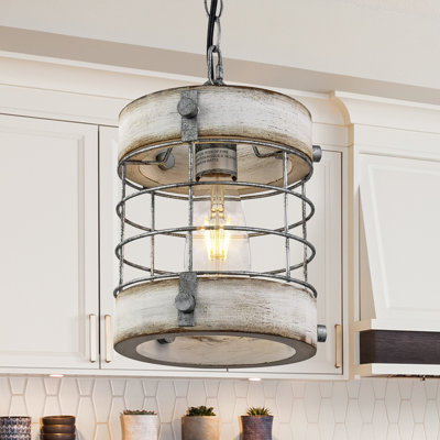 Meganne Retro Industrial Metal and Wood Chandelier 1-Light Round Cage Pendant Light Fixture for Kitchen Island Foyer Hallway Bar Dining Room Restaurant