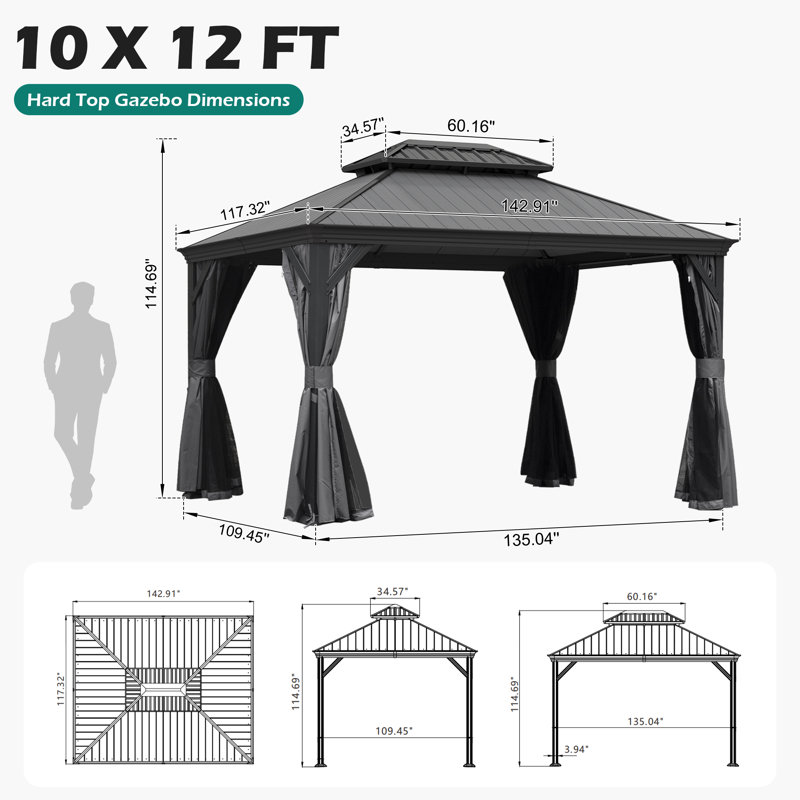 Outdoor Patio Metal Frame Gray Wood Grain Resin Roof Gazebo with Privacy Curtain Mosquito Netting, Gray