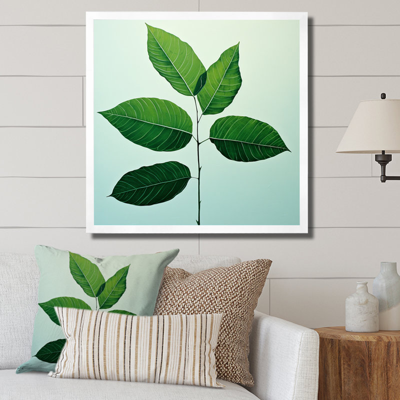 «Green Elegance Leaves I» sur toile, Cadre simple blanc, H 16 po x l 16 po x P 1 po
