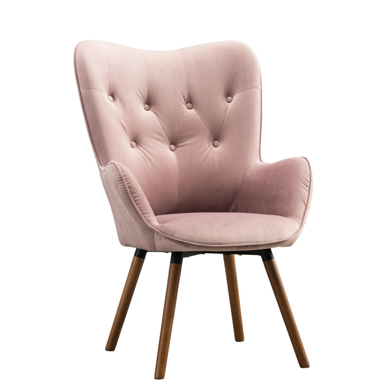 Fauteuil contemporain en velours mauve avec dossier à boutons et pieds en bois massif, Mauve