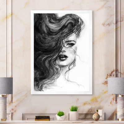 Portrait monochrome d'une femme aux cheveux ondulés - œuvre d'art sur toile Glam