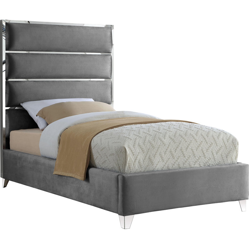 Lit plateforme tapissier Dietz, Velours gris, Simple